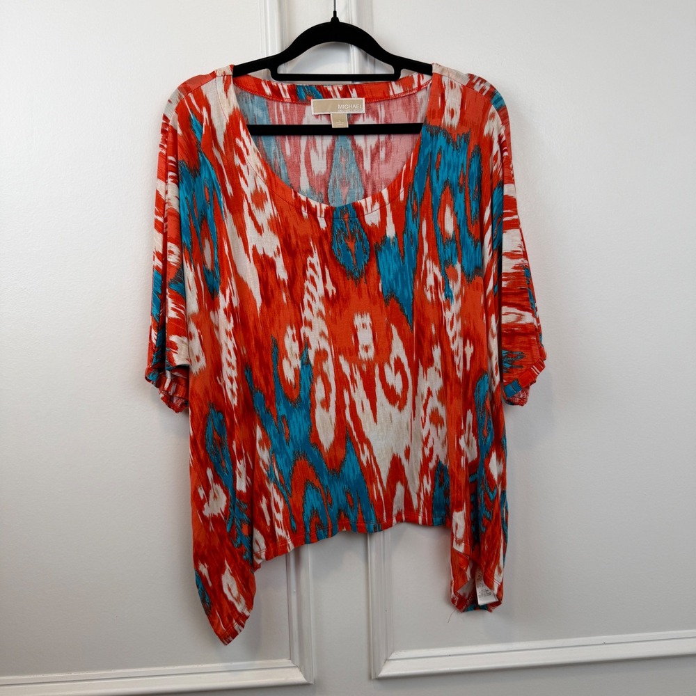 Michael Kors Womens Ikat Print Handkerchief Hem Top Orange Blue Size L